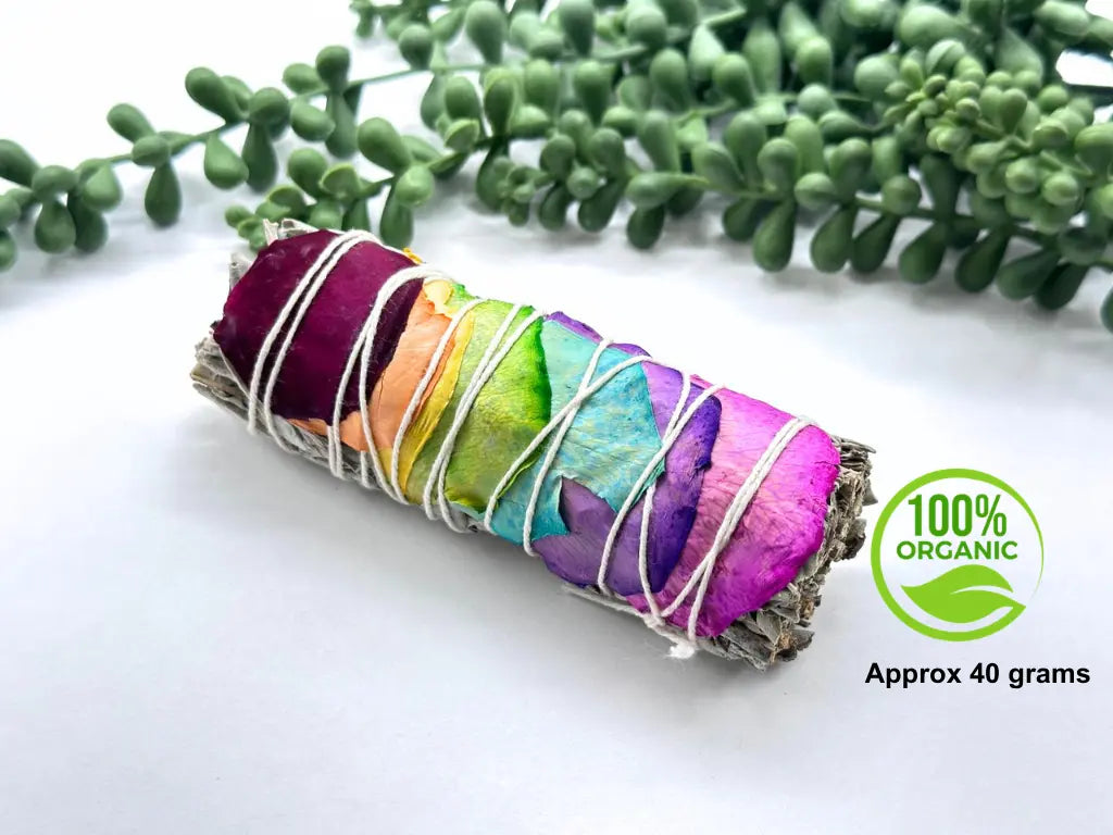 4-inch organic white sage cleansing bundle wrapped with colorful chakra rose petals