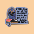 Illustration of a cat and dragon with a bookshelf, featuring text on a beige background.