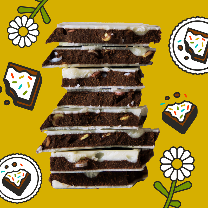Stack of brownies with white frosting on a yellow background with floral and dessert illustrations.