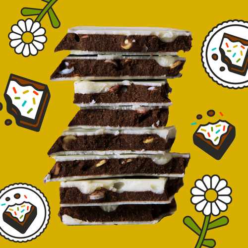 Stack of brownies with white frosting on a yellow background with floral and dessert illustrations.