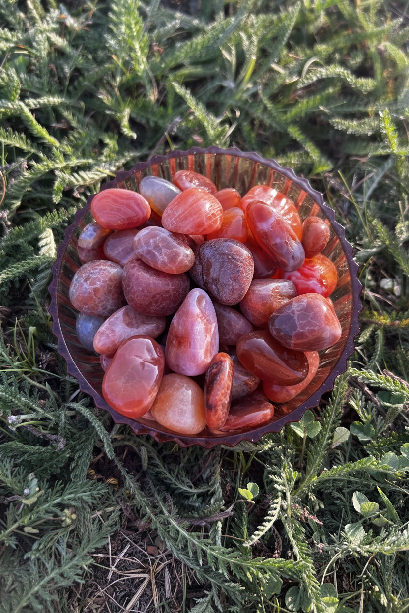 Fire Agate tumbled stone with natural red and orange coloring