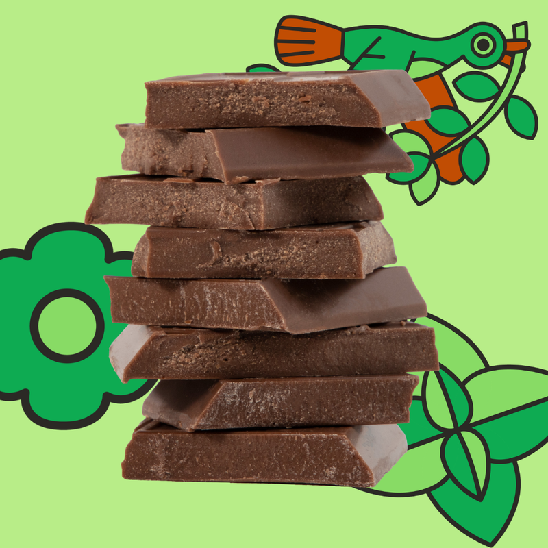 Stack of chocolate bars on a green background with cartoonish designs