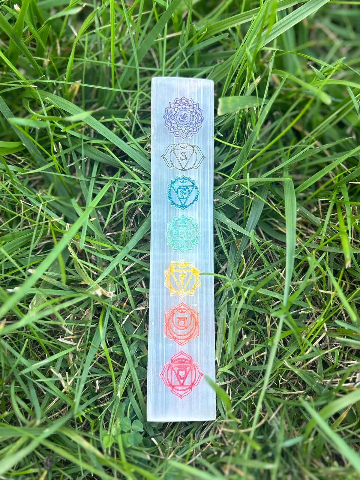 Selenite crystal charging plate with seven chakra symbols displayed outdoors