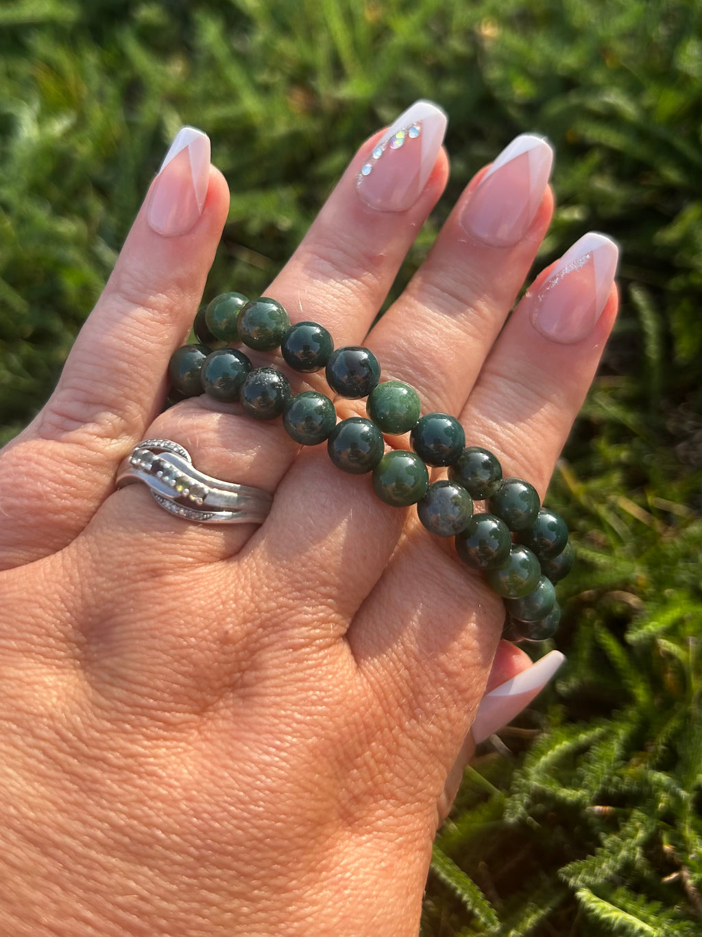 Natural Moss Agate gemstone bracelet with earthy green and white patterns