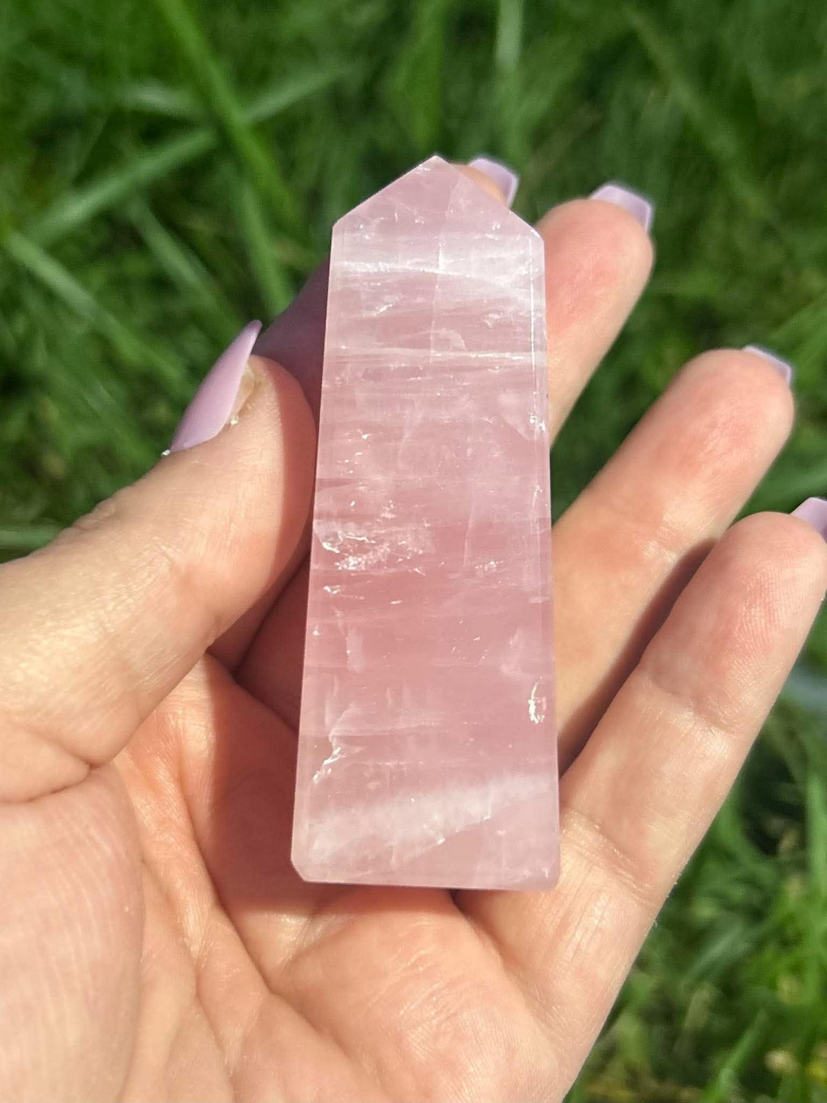 Rose Quartz crystal tower held in hand outdoors showing size, translucent pink color and natural inclusions