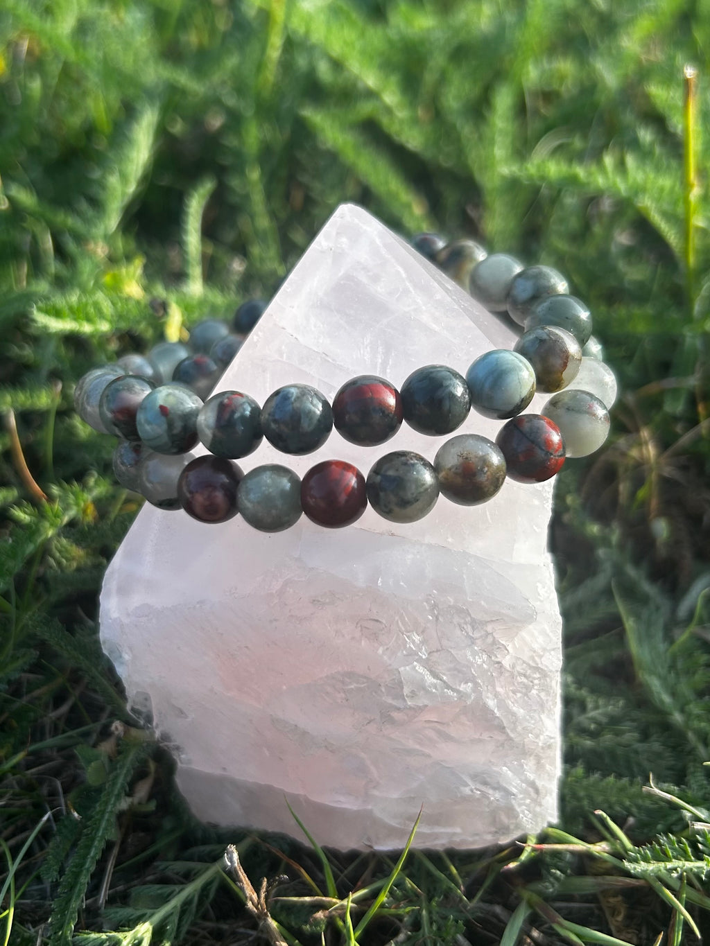 Natural Bloodstone gemstone bracelet with deep green and red coloring