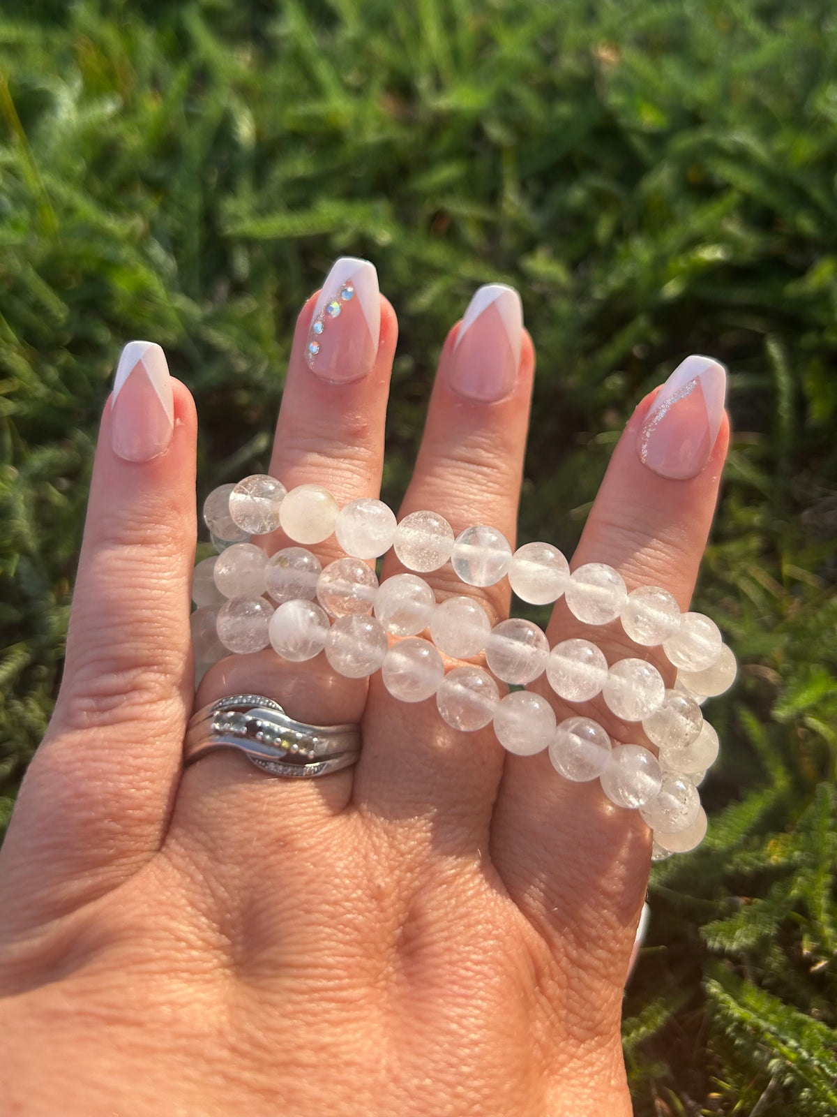 Natural Clear Quartz gemstone bracelet with polished translucent beads