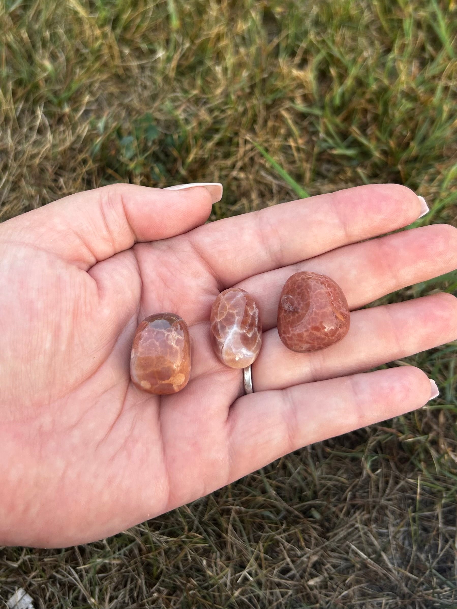 Close-up of polished Fire Agate crystal with red, orange, and brown patterns