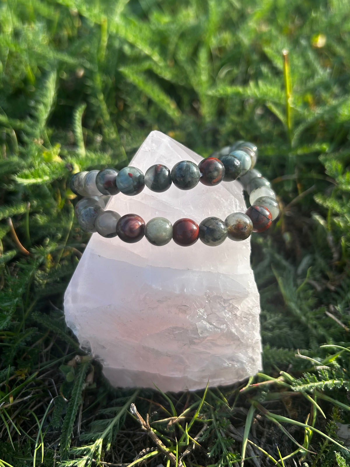 Bloodstone bracelet with 8mm natural green gemstone beads and red markings