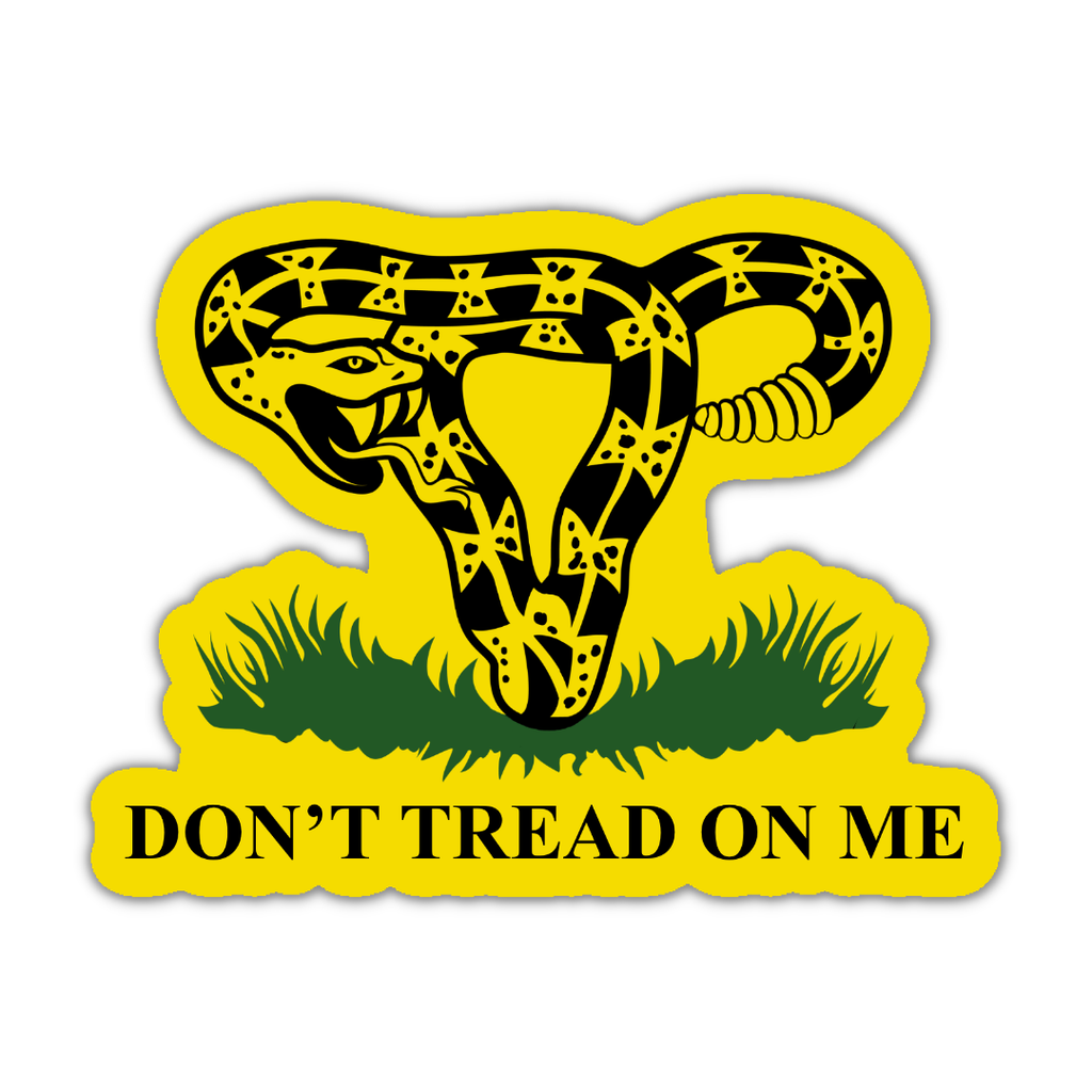 Sticker with a snake design and 'Don't Tread on Me' text on a yellow background