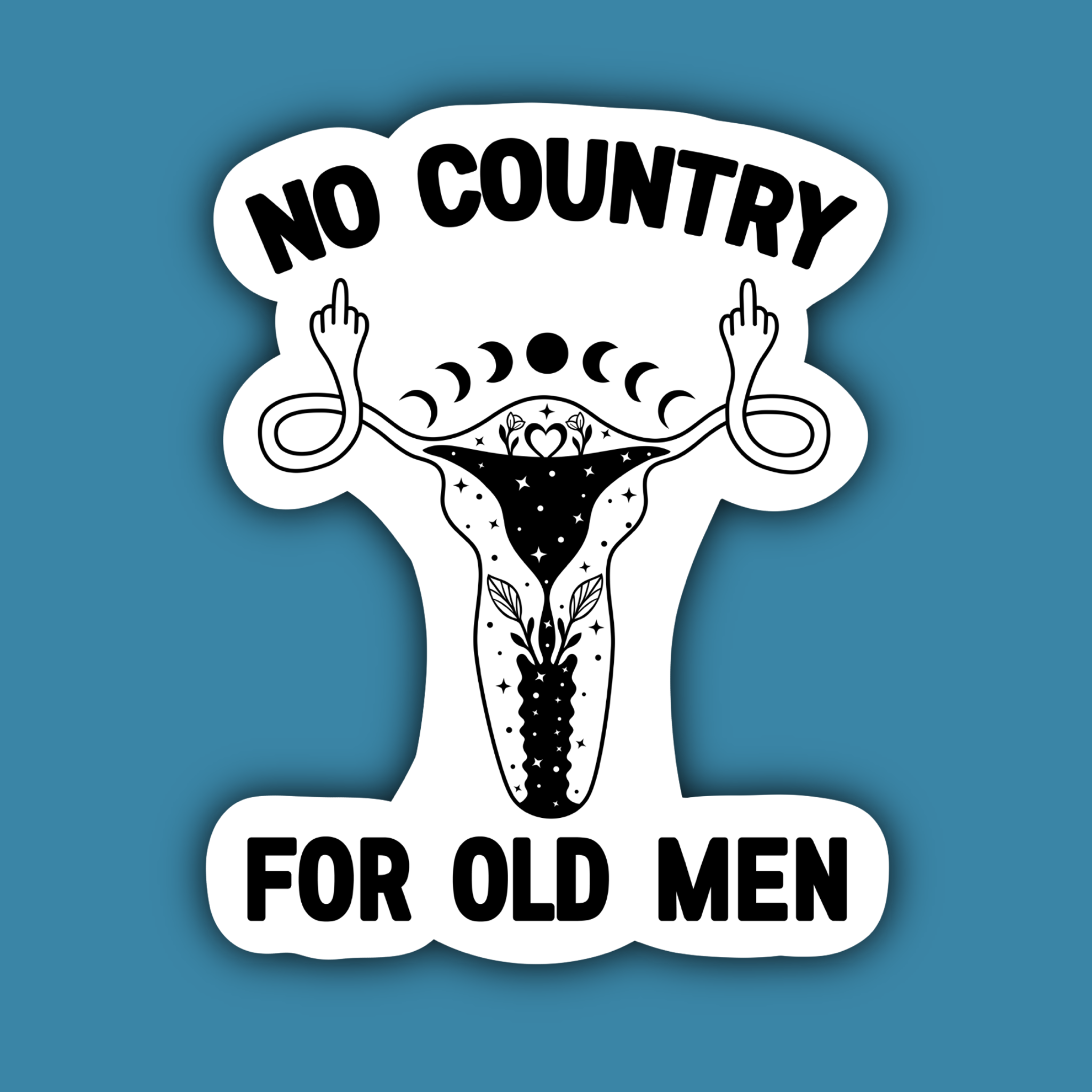 No Country for Old Men feminist uterus sticker with moon phases and celestial design, 3-inch vinyl sticker