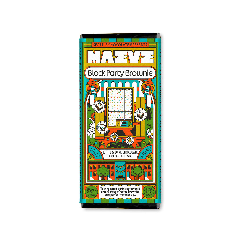Colorful packaging of Maevé Block Party Brownie on a white background