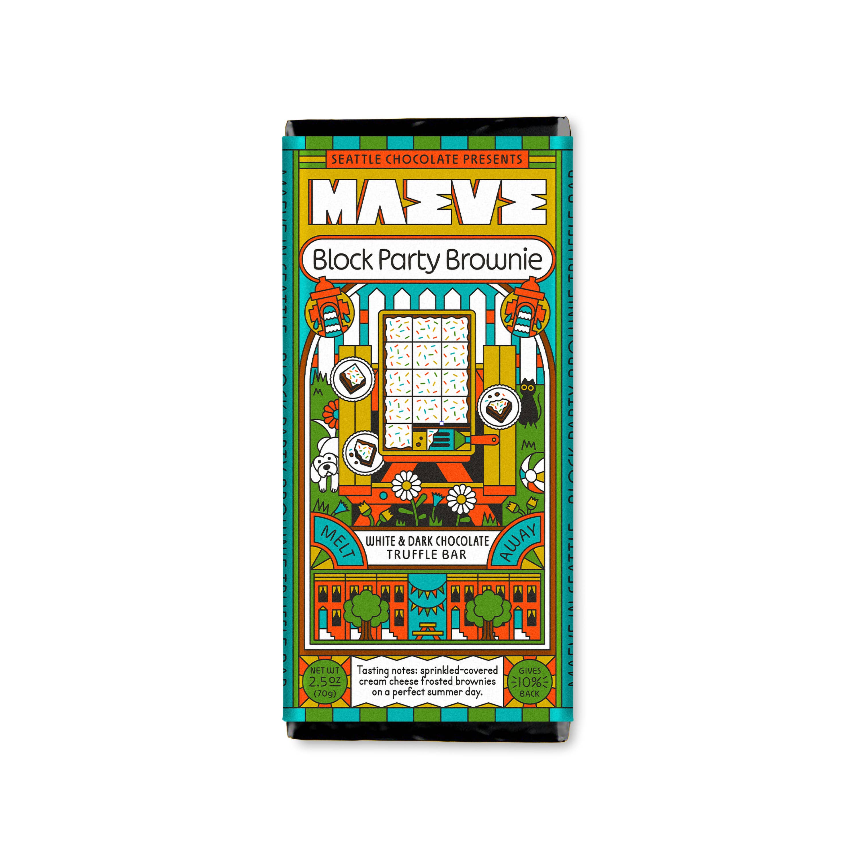 Colorful packaging of Maevé Block Party Brownie on a white background