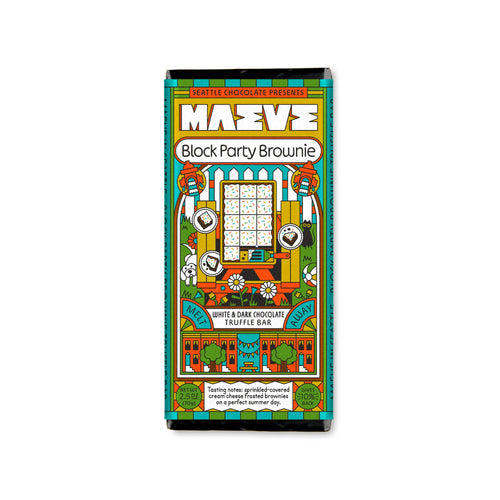 Colorful packaging of Maevé Block Party Brownie on a white background