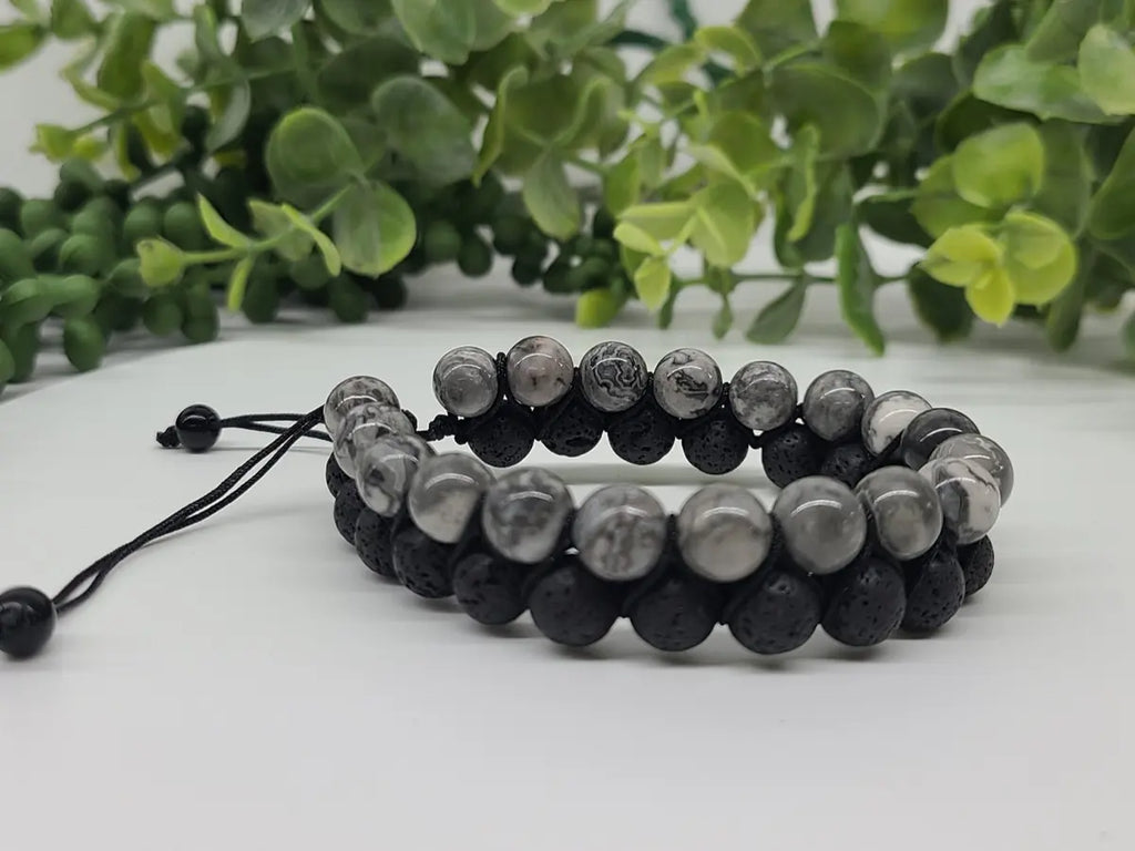 Unisex Map Jasper and Lava Stone bracelet with patterned jasper and porous lava rock