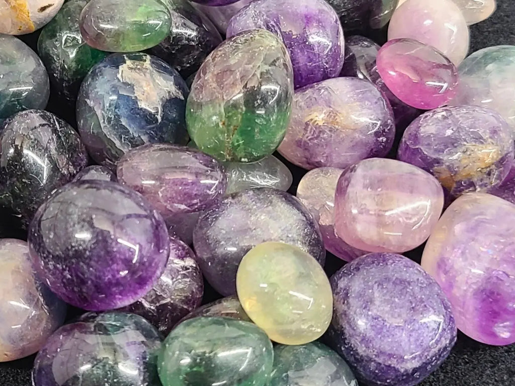 Close-up of polished Rainbow Fluorite showing natural color zoning