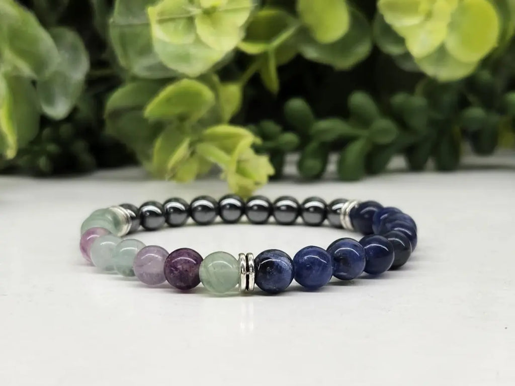 6mm kids intention bracelet featuring Rainbow Fluorite, Sodalite and Hematite natural gemstones