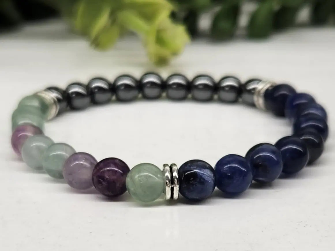 Focus and concentration kids crystal bracelet with Rainbow Fluorite, Sodalite and Hematite 6mm gemstones
