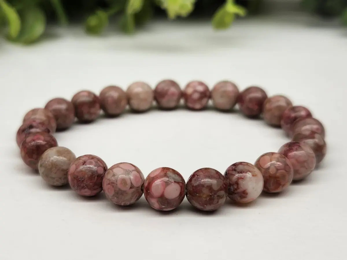 Natural Chrysanthemum Stone gemstone bracelet with dark matrix and floral mineral formations