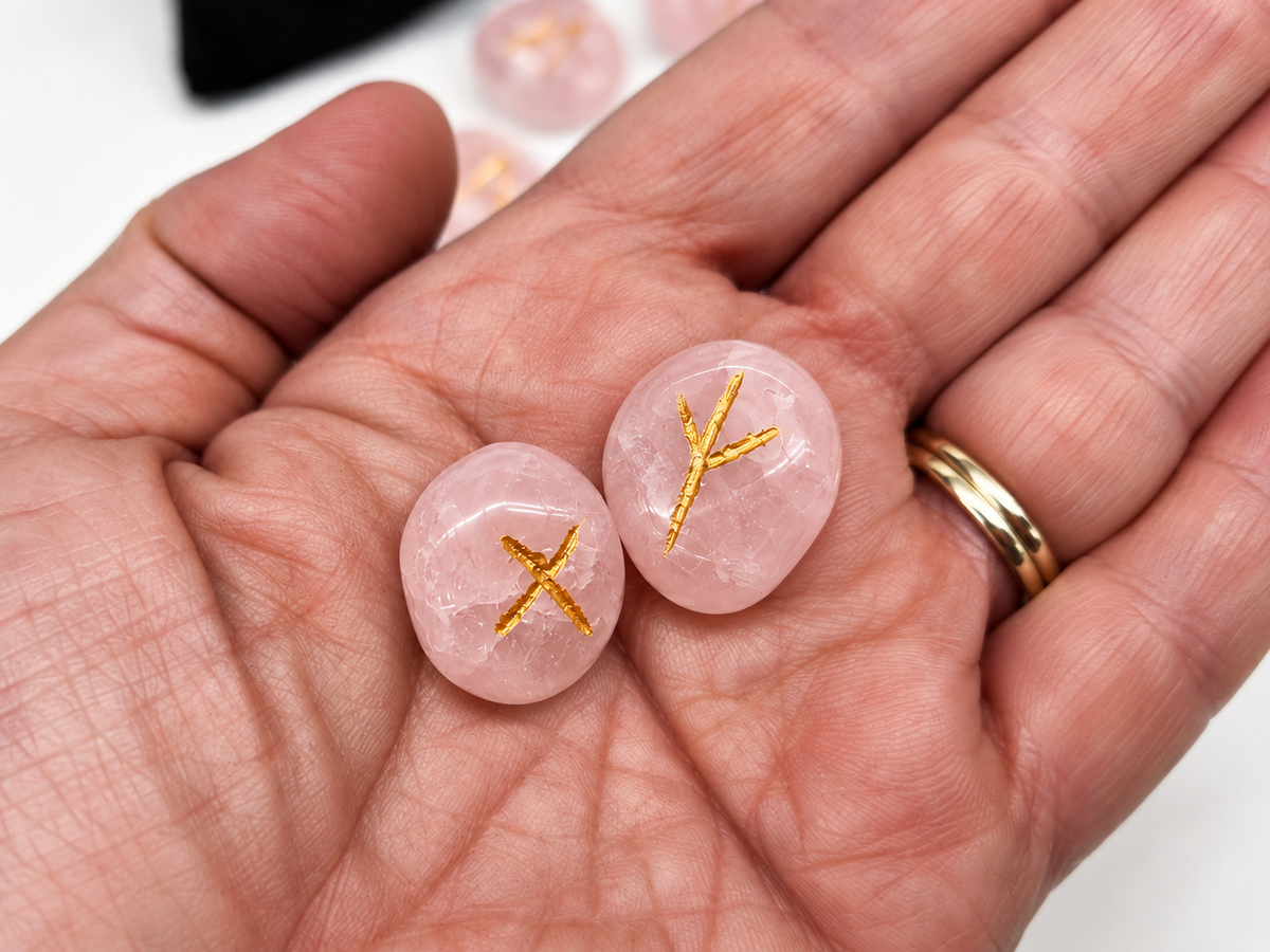Two polished Rose Quartz rune stones with gold Elder Futhark symbols held in hand