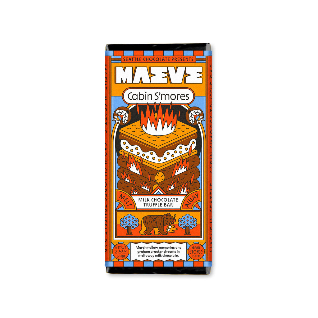 Chocolate bar packaging with a colorful design featuring a campfire and bear, on a white background.