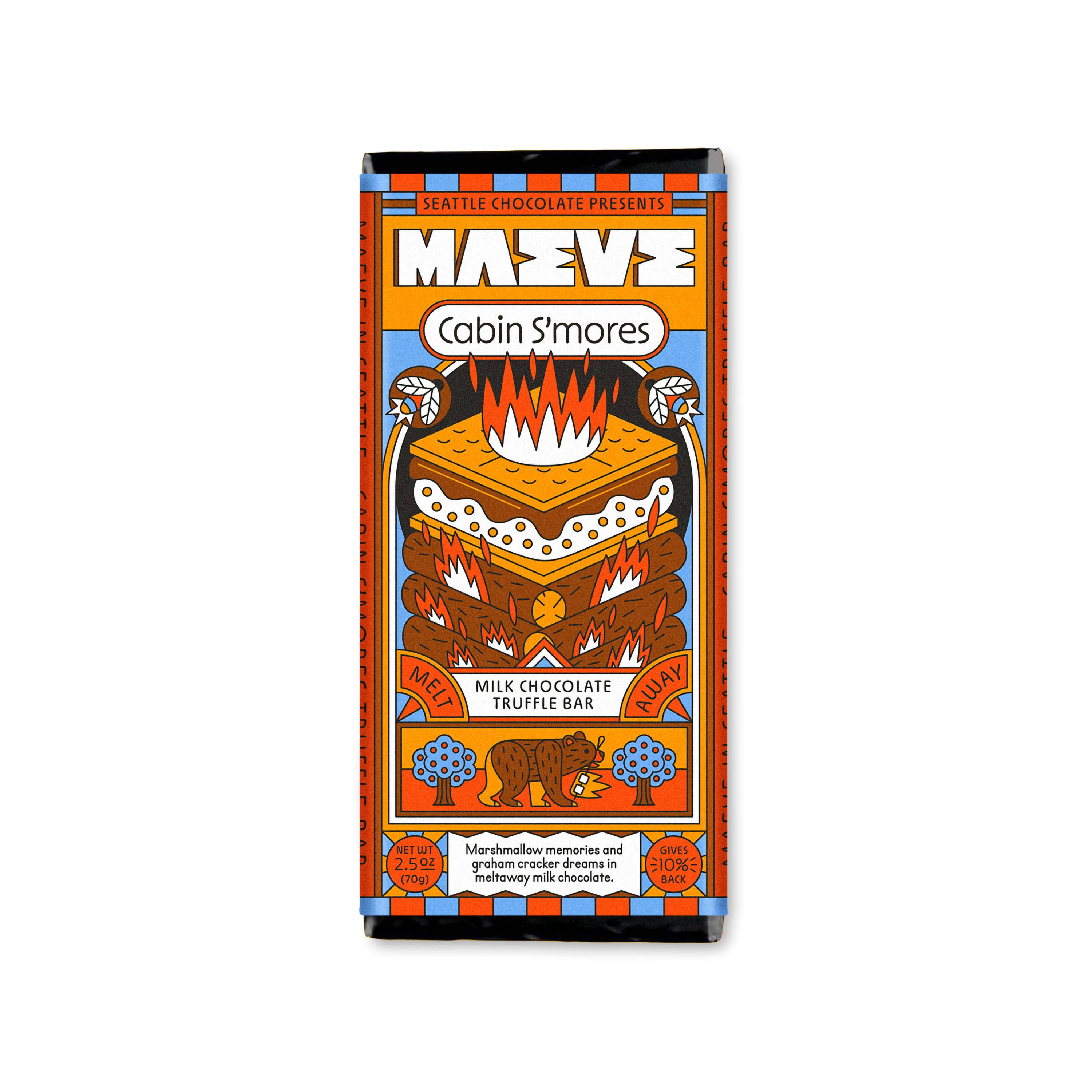 Chocolate bar packaging with a colorful design featuring a campfire and bear, on a white background.